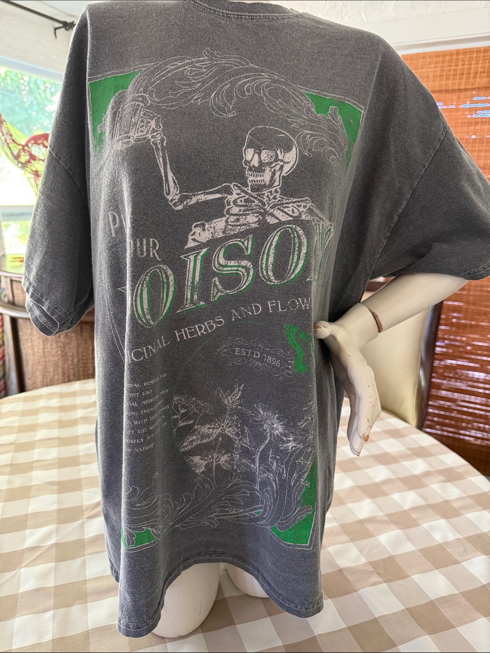 Vintage-Style Gray Graphic Tee with Green Accent - Poison Design